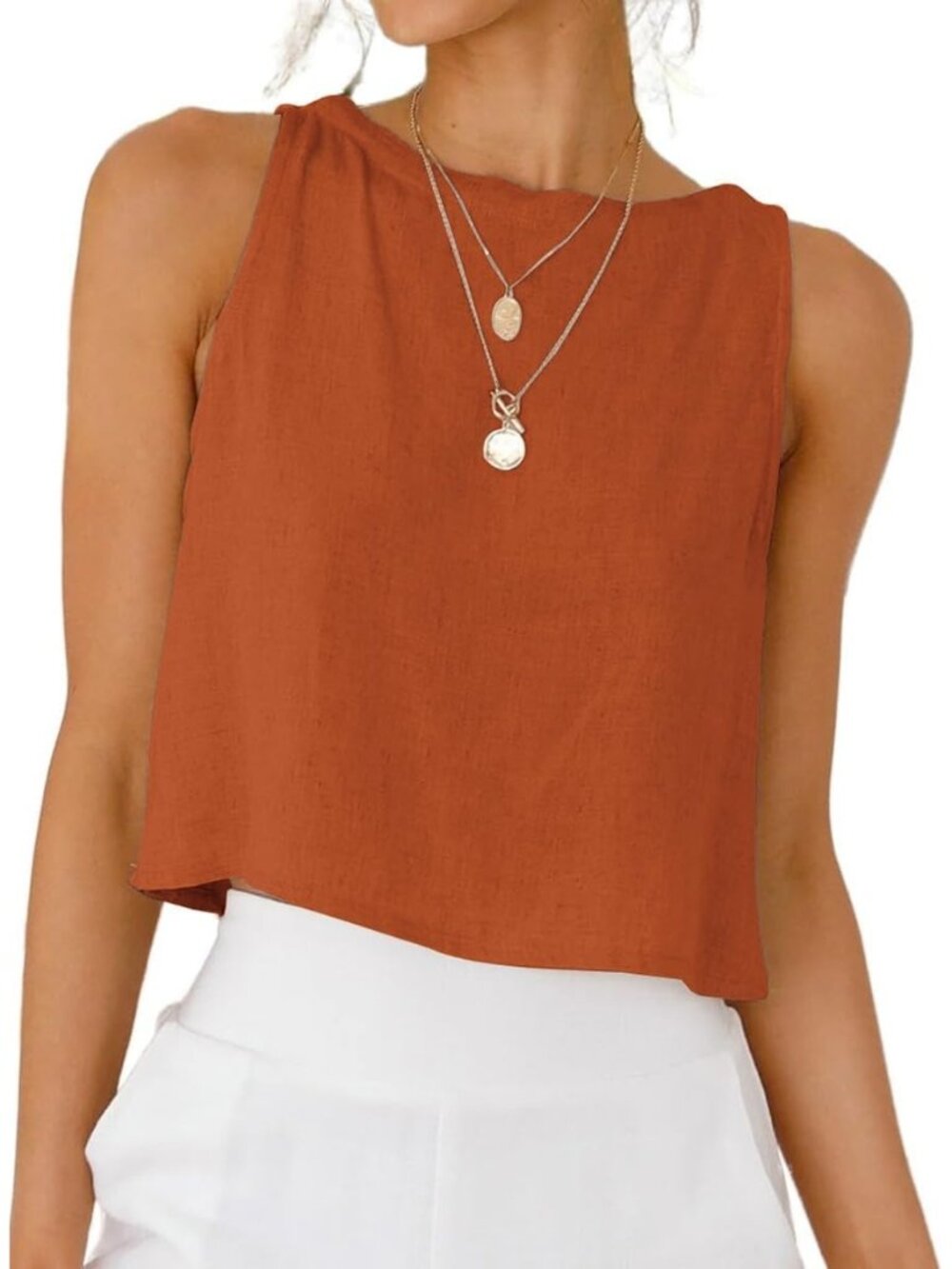 Women's Brick Orange Button Linen Summer Beach Sleeveless Imported Tank Top